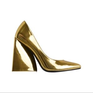 AS-I-AM POINTED TOE STATEMENT BLOCK COURT HEEL IN GOLD PATENT